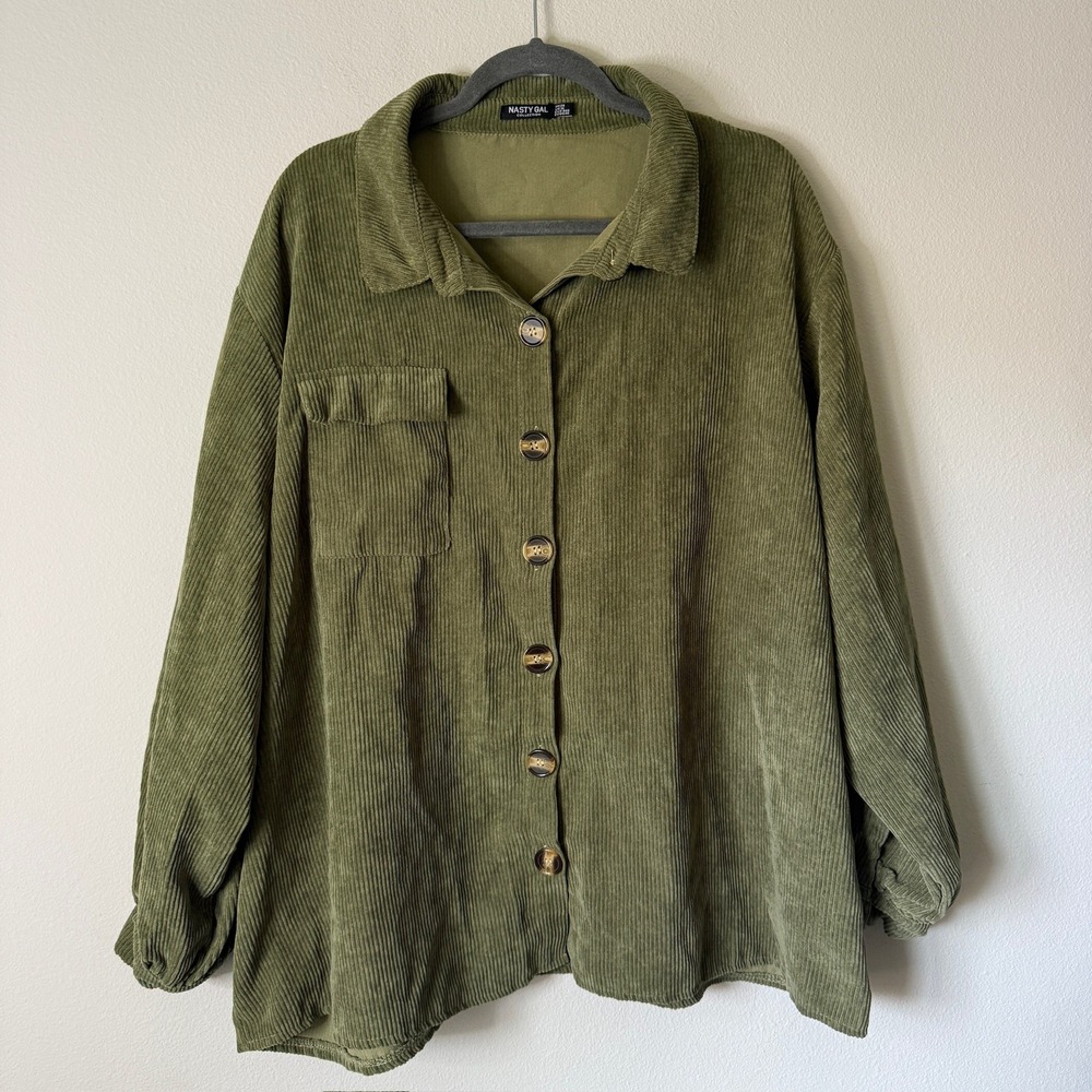 Nasty‎ Gal Olive Green Corduroy Button Down Shacket Shirt Jacket Womens Size 16